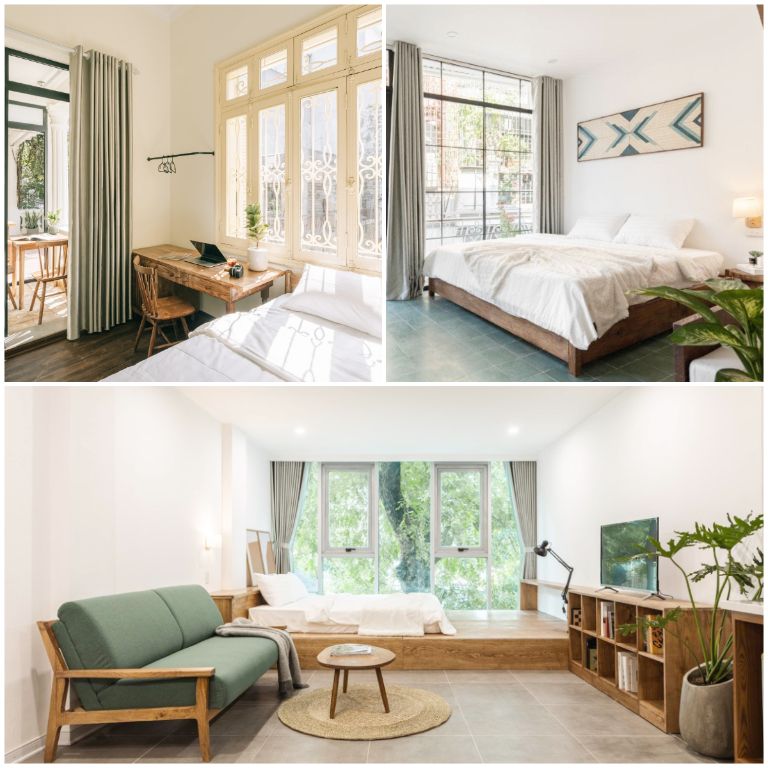 Phòng nghỉ homestay NYNA House được thiết kế phong cách tân cổ điển với gam xanh bắt mắt (nguồn: facebook.com)
