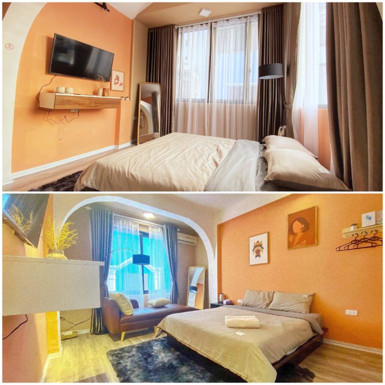 Phòng ngủ tại Aimee House Homestay mang gam màu cam nổi bật phù hợp các bạn trẻ (nguồn: facebook.com)