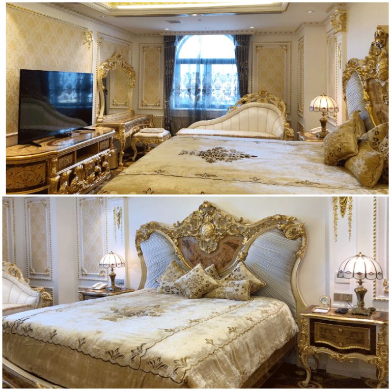 Nội thất phòng ngủ trong Presidential Suite đều là hàng cao cấp mạ vàng được thiết kế tinh xảo và công phu. (Nguồn: Internet)