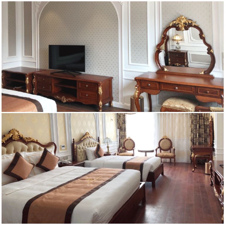 Phòng ngủ gia đình vẫn mang phong cách kiến trúc cổ điển Pháp với các món đồ nội thất gỗ màu nâu trầm. (Nguồn: Internet)
