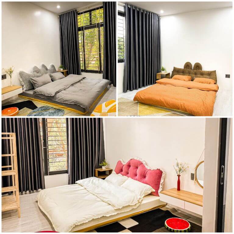 Phòng nghỉ của Homestay MYLAN Lạng Sơn mang màu sắc khác nhau, mỗi phòng trang bị giường bệt 1m6x2m