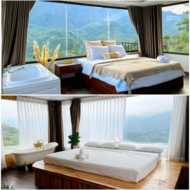 Hệ thống phòng nghỉ tại homestay Lào Cai sở hữu tầm nhìn thoáng đãng với những cửa kính lớn.