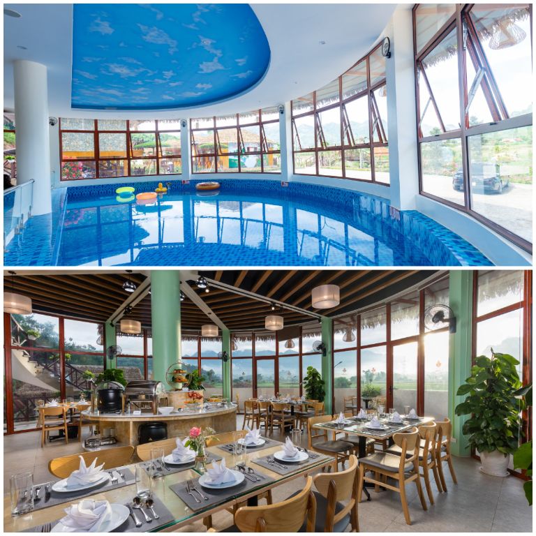 Nhà hàng đạt chuẩn 5 sao và bể bơi bốn mùa là những tiện ích giúp homestay Mộc Châu này thu hút du khách ghé thăm