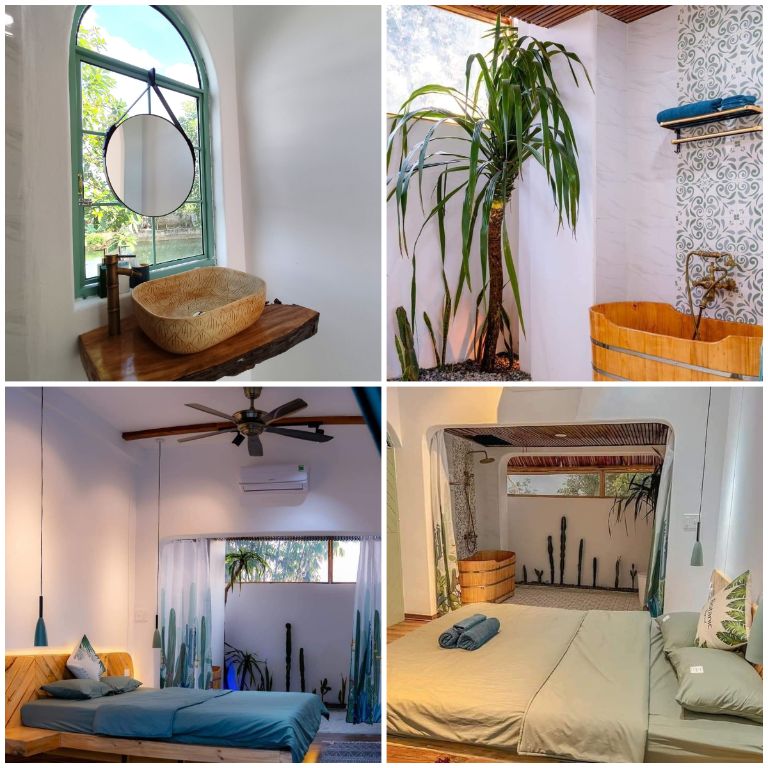 Phòng Deluxe VIP của homestay Mộc Châu này được trang bị một giường đôi kích thước 1m6 và có phòng tắm riêng với bồn tắm gỗ tiện nghi.