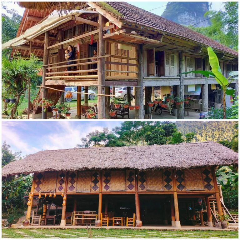 Hai căn nhà sàn mang phong cách kiến trúc truyền thống của dân tộc Tày bản địa với những cột nhà bằng gỗ lớn. (Nguồn: Internet)