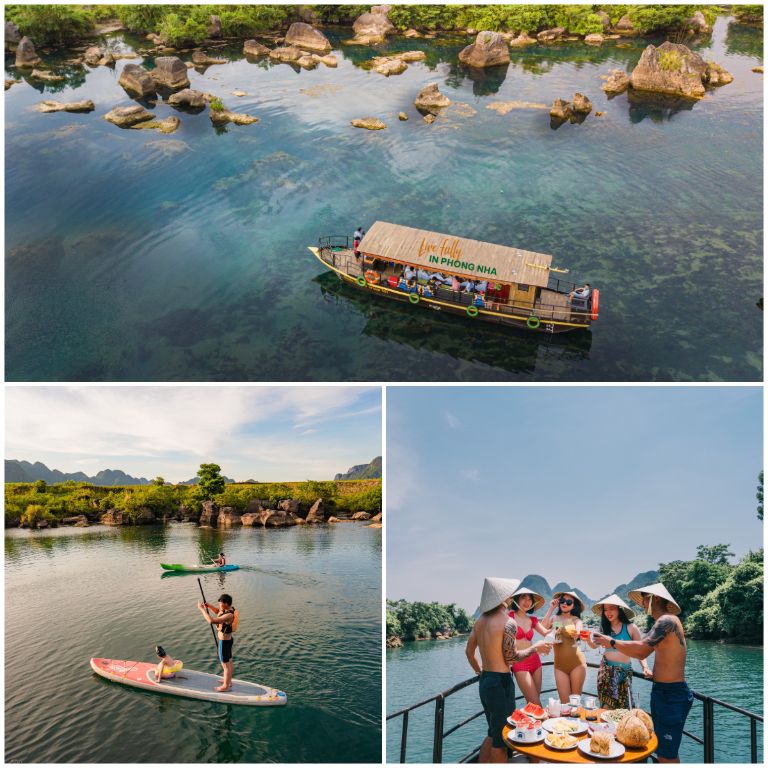 Các hoạt động dưới nước đáng chú ý chỉ có tại homestay Phong Nha này bao gồm chèo thuyền kayak trên xông, đi cano ngắm cảnh 