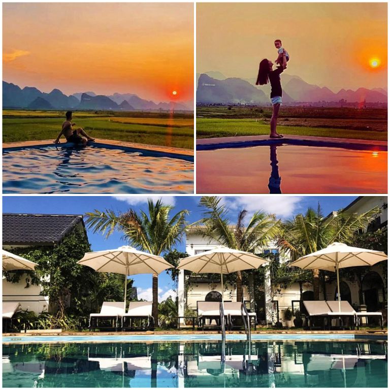 Hoàng hôn trên hồ bơi là trải nghiệm mà bạn không thể bỏ lỡ khi tới lưu trú tại homestay Phong Nha này.