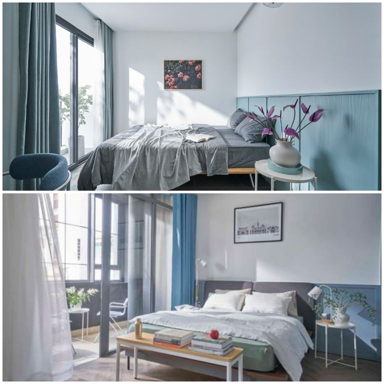 Homestay Quận 2 này có thiết kế phòng ngủ theo tông màu xanh mint, màu trắng mang đến sự hài hòa và thiết kế cửa kính mang đến không gian nghỉ ngơi thoáng mát. (Nguồn ảnh: Booking)