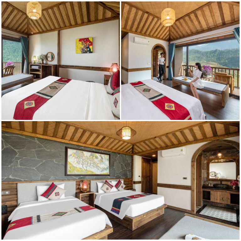 Phòng ngủ tại Homestay Sin Chai Ecolodge mang thiết kế tân cổ điển cùng điểm nhấn đèn chùm pha lê (nguồn: booking.com)