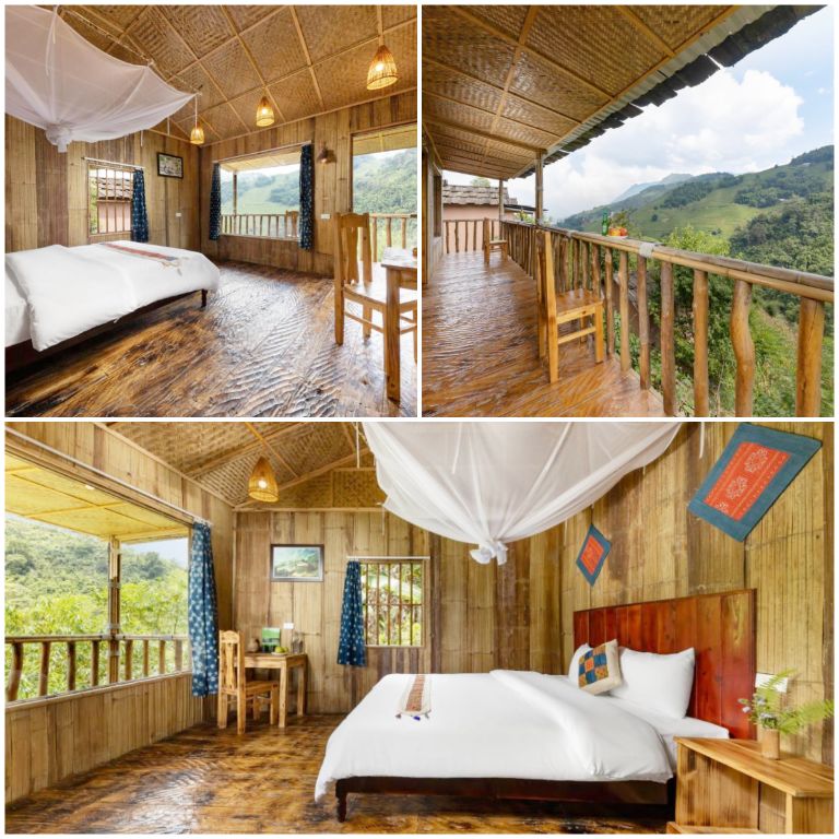 Homestay Chapa Farmstay - Mountain Retreat có phòng ngủ thiết kế đơn giản tông gỗ (nguồn: booking.com)