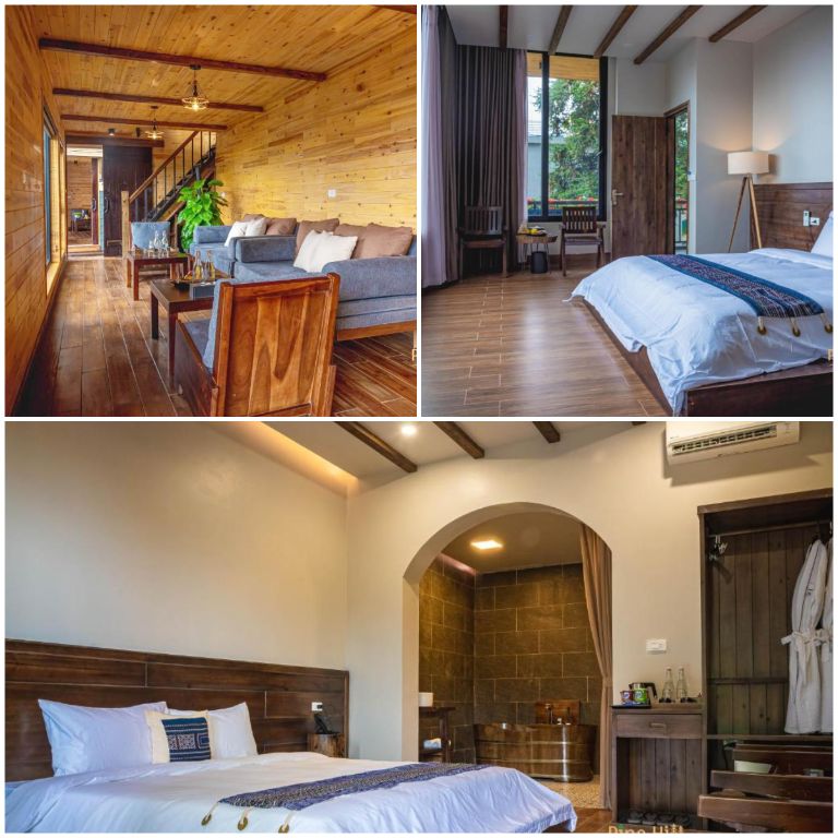 Phòng nghỉ Sapa Pine Hill Eco Lodge có thiết kế tối giản với tông màu gỗ nguyên bản (nguồn: facebook.com)