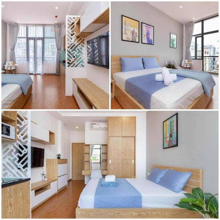 Không gian ngủ của Cozrum Homes Lý Chính Thắng rất trong xanh vì chủ homestay đã đặt ngay 1 chậu cây xanh ngay cạnh đầu giường