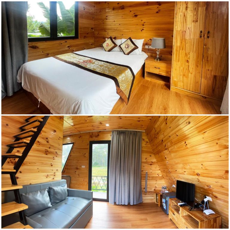 Phòng nghỉ hạng bungalow được xây dựng hoàn toàn bằng gỗ với tông màu vàng làm chủ đạo đem lại cảm giác ấm cúng và thoải mái