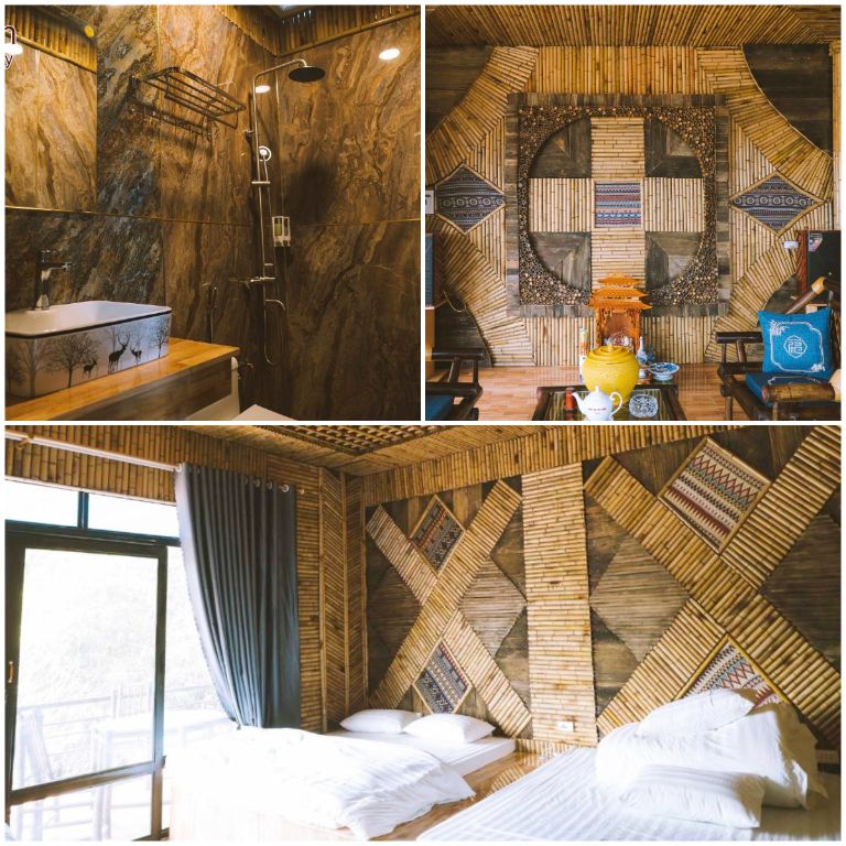 Phòng nghỉ Sành Homestay Tả Phìn có tường thiết kế đầy ấn tượng từ chất liệu tre đan (nguồn: facebook.com)