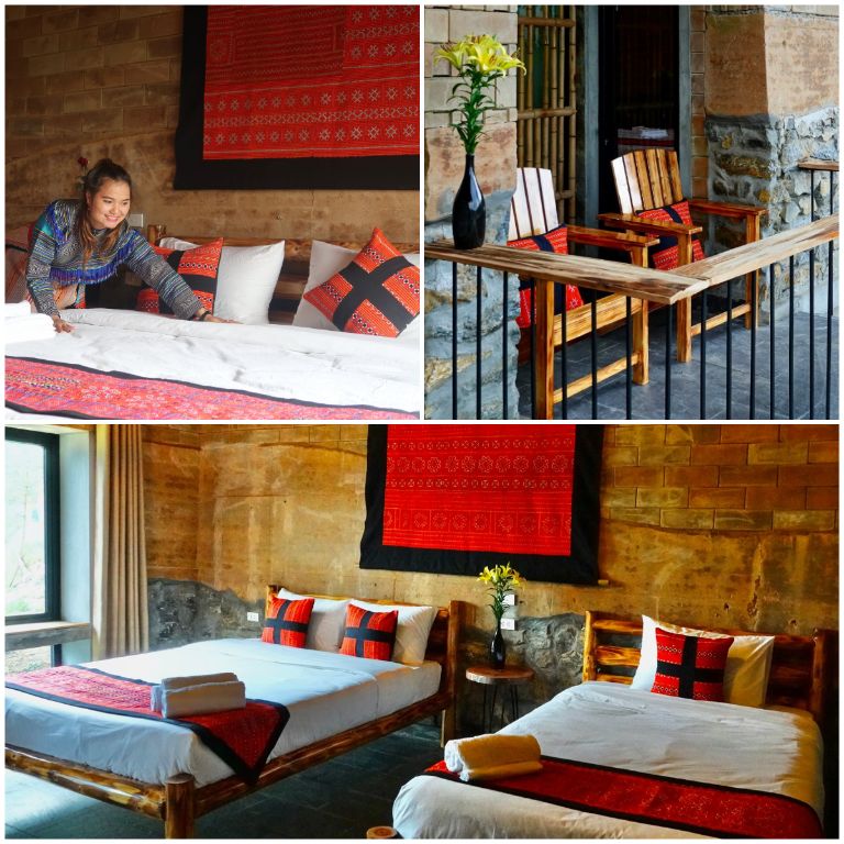Phòng nghỉ Sapa Mountain Eco Lodge mang thiết kế đẹp mắt với tông đỏ kết hợp màu gỗ (nguồn: facebook.com)