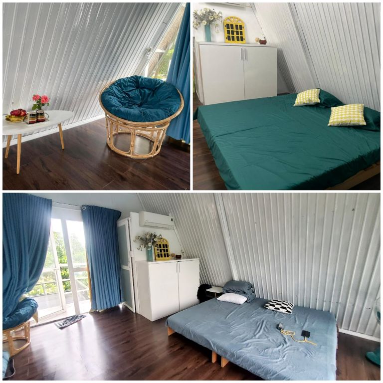 Phòng ngủ 1 giường đôi trong căn bungalow hình tam giác có thiết kế đơn giản, trẻ trung và hiện đại. (Nguồn: Internet)