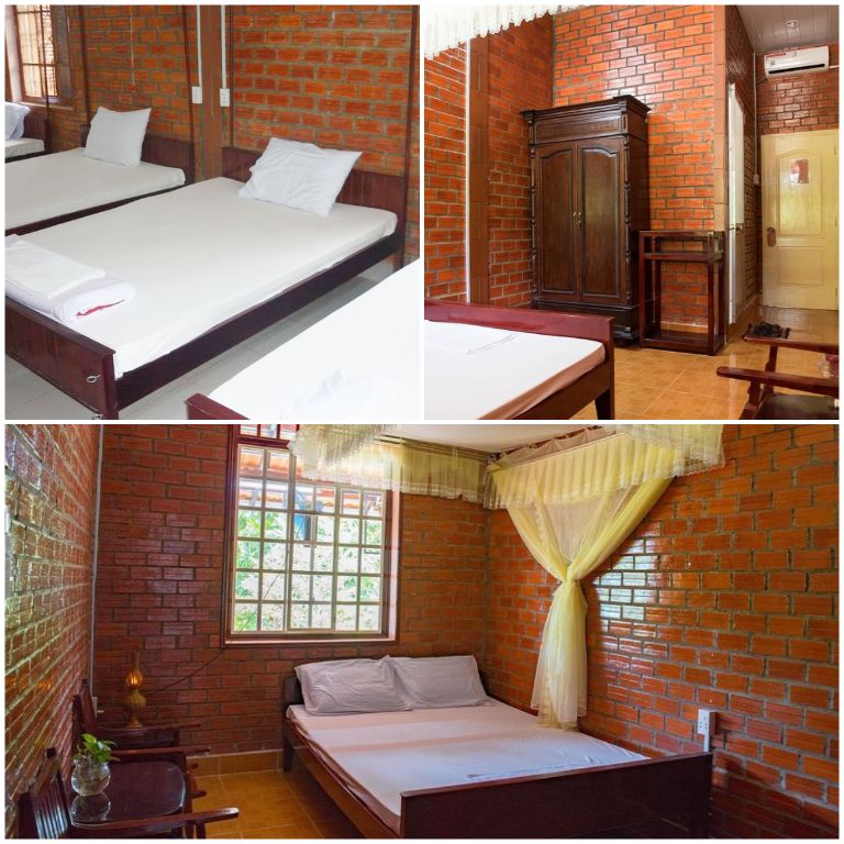 Phòng tại Út Thủy Homestay Vĩnh Long mang gam màu nâu đỏ chủ đạo với nội thất từ gỗ tre và nứa (nguồn: facebook.com)