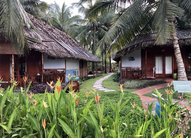 Khuôn viên Homestay Coco Riverside Lodge trải thảm cỏ xanh mướt cực chill cho bạn thư giãn (nguồn: facebook.com)