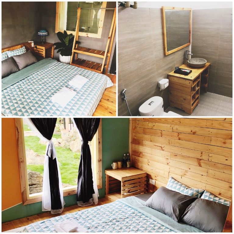Phòng nghỉ được cung cấp đầy đủ vật dụng cần thiết như giường đôi cỡ lớn, phòng tắm khép kín với vòi tắm đứng tiện nghi