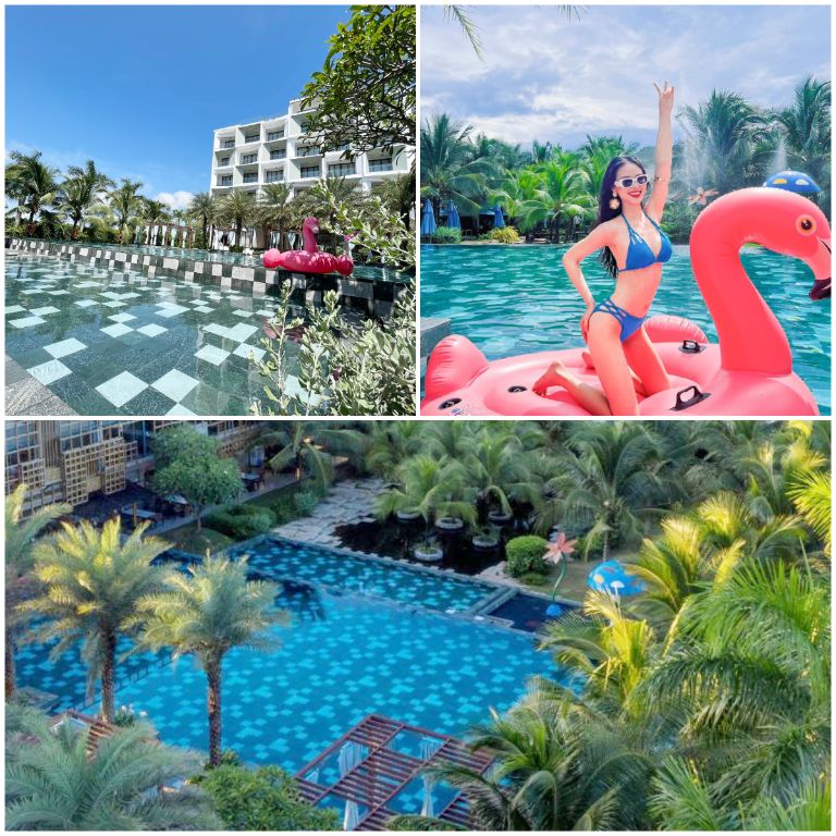 Le Palmier resort có hồ bơi vô cực nằm ngay giữa lòng resort cho khách lưu trú miễn phí sử dụng (nguồn: booking.com)