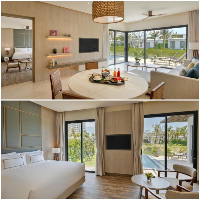 Biệt thự The Level 2-Bedroom Oceanfront Villa mang thiết kế đồng điệu giữa các phòng (nguồn: booking.com)