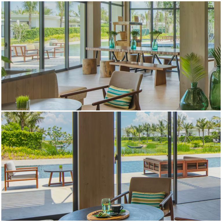 Tiệm cà phê Elyxr sở hữu không gian xinh xắn với gam màu xanh và view hướng bể bơi (nguồn: booking.com)