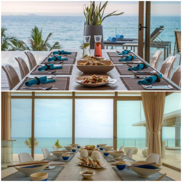 Khu vực nhà hàng ăn uống với cái nhìn hướng ra hồ bơi vô cực vàn bãi biển mang đến chỗ ngồi ăn cực chill và thư giãn. 