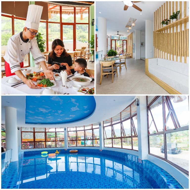 Khu nghỉ dưỡng Mộc Châu này được trang bị đầy đủ các tiện nghi như bể bơi bốn mùa, phòng xông hơi và bể sục massage