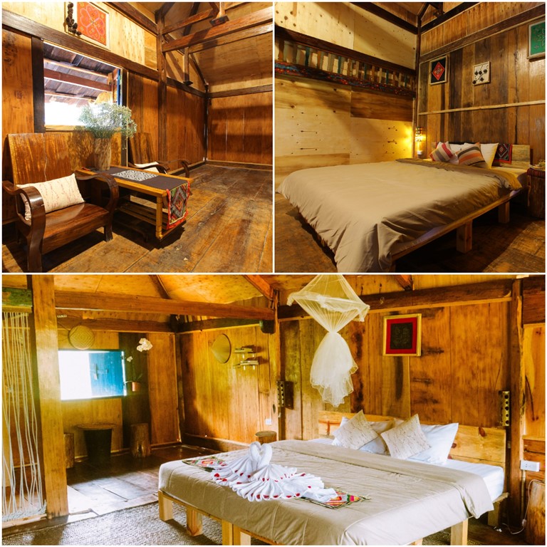Không gian phòng nghỉ được thiết kế gần gũi với thiên nhiên với các nguyên liệu dân tộc như gỗ, tre, nứa. 