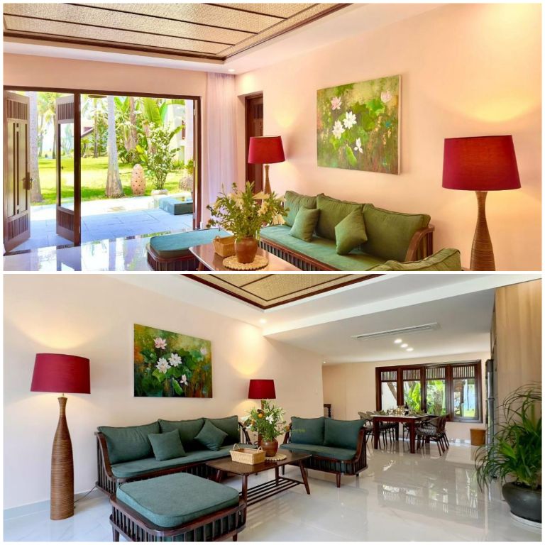 Không gian phòng khách của Palm Garden Resort Hội An sử dụng 3 tông màu nổi bật: trắng kem, xanh và đỏ mang đến sự hài hòa trong lối thiết kế. 