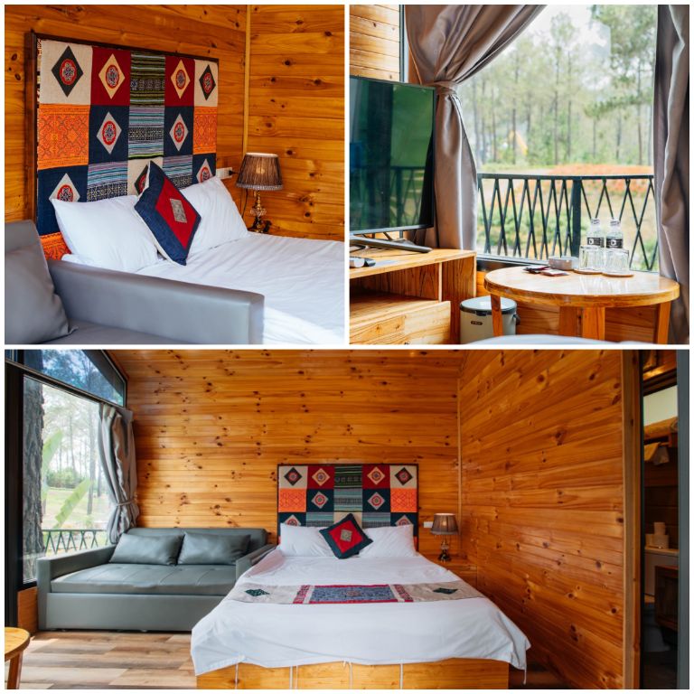 Bởi vì diện tích không quá rộng, nơi đây chỉ có một phòng ngủ được xây dựng hoàn toàn từ gỗ thông sáng màu.
