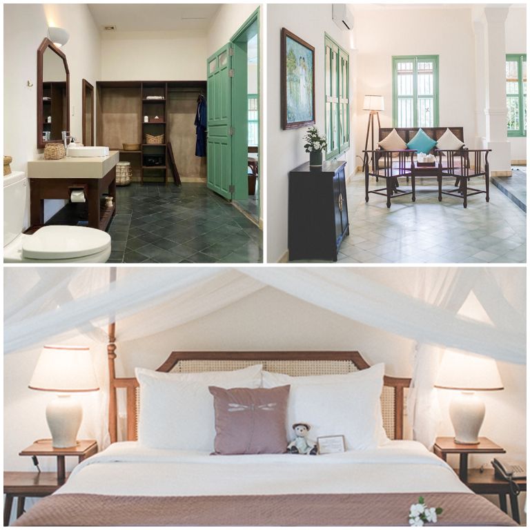 Giường cũng mang thiết kế khá cổ điển với khung viền bằng gỗ, đầu giường được làm từ vật liệu tre, nứa gần gũi với thiên nhiên.