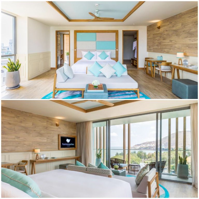 Phòng nghỉ resort Fusion mang thiết kế chủ đề biển với gam màu xanh dương tươi sáng (nguồn: booking.com)