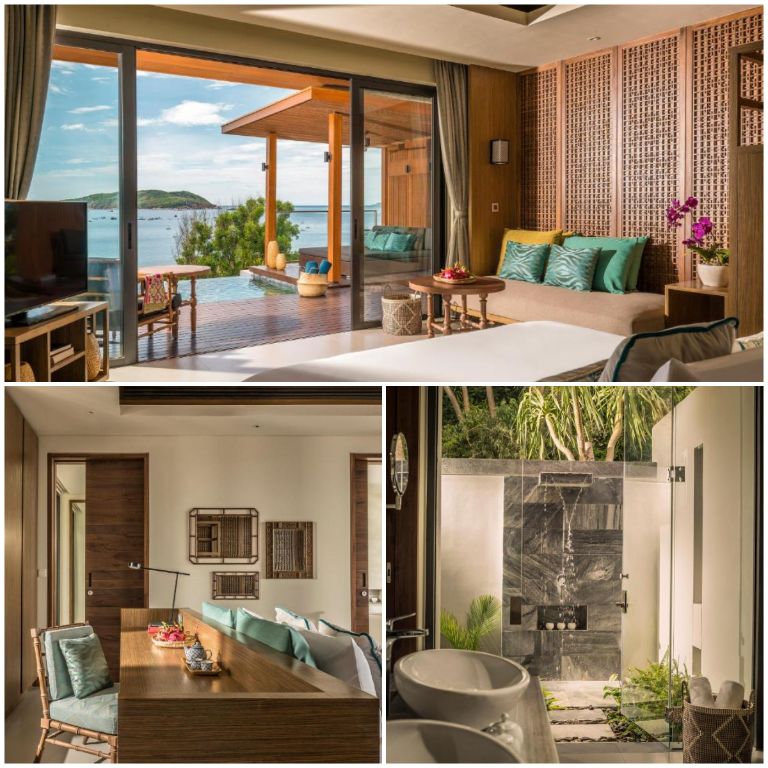 Phòng nghỉ của Anantara resort lấy tông màu nâu làm chủ đạo kết hợp với cây cảnh trang trí tạo ra không gian sống gần gũi với thiên nhiên.
