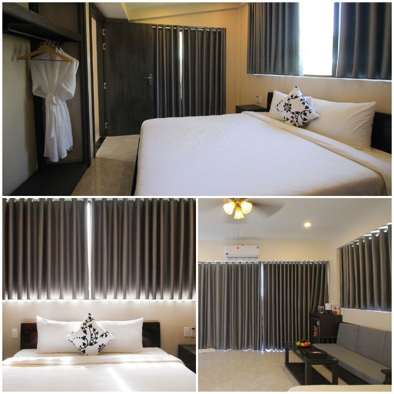 Phòng nghỉ tại khu vực villa nghỉ dưỡng mang 2 màu trắng và xám đầy hiện đại, sang trọng.