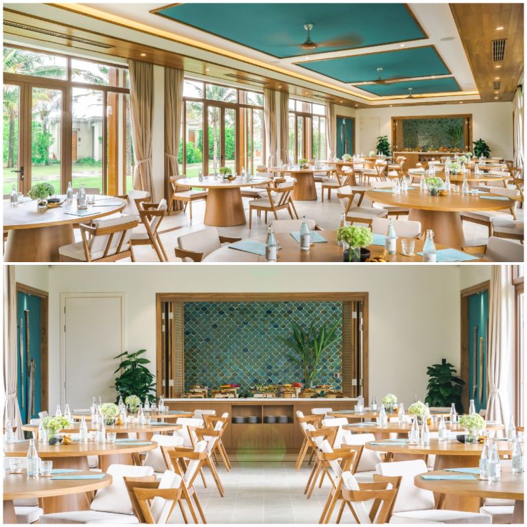 Nhà hàng Maia Resort Quy Nhon có thiết kế ấn tượng với gam màu xanh mint trẻ trung (nguồn: booking.com)