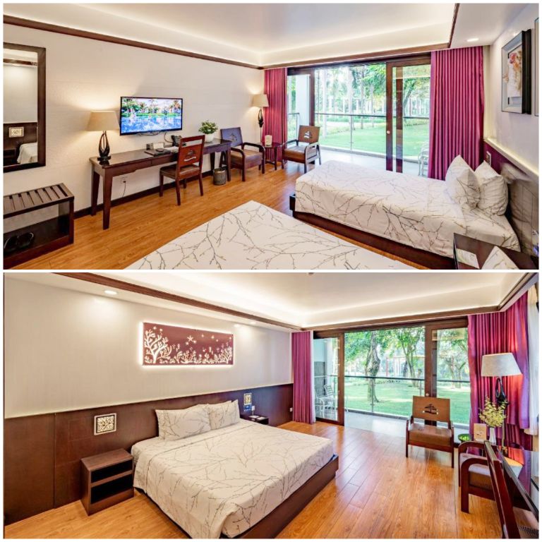 Phòng nghỉ Carmelina Beach Resort mang gam màu đỏ trầm với nội thất chủ yếu là gỗ (nguồn: booking.com)
