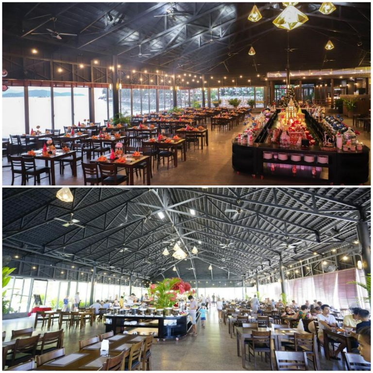 Qui mô nhà hàng ăn uống của Diamond Bay Resort & Spa có diện tích rất rộng lên đến gần 1000 m2 có sức chứa cùng 1 lúc khoảng 350 du khách. (Nguồn ảnh: Booking.com)