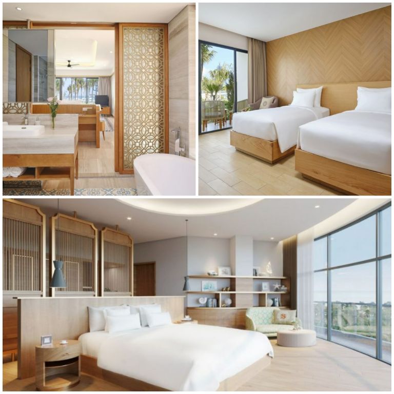 Không gian phòng ngủ của resort Nha Trang này được thiết kế khá tối giản mang đến diện tích sinh hoạt rộng rãi với view phòng hướng vịnh cực thoải mái. 