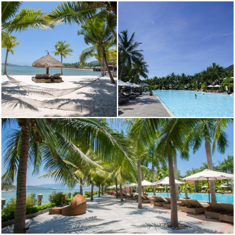 Diamond Bay Resort Nha Trang có bãi cát riêng nằm dưới hàng cọ dài rất mát mẻ giúp cho du khách có thể nghỉ ngơi và thư giãn ngắm cảnh tại đây. (Nguồn ảnh: Booking.com)