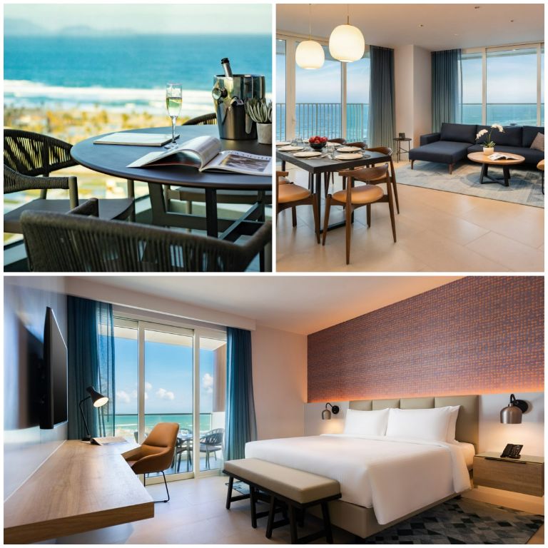 Không gian ngủ của resort Nha Trang này sử dụng 3 tông màu chủ đạo là trắng, nâu gỗ nhạt và màu xanh dương mang đến sự hài hòa và rất ấm áp. 