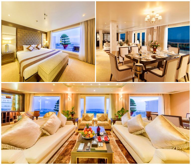 President Suite mang phong cách thiết kế sang trọng với nội thất sofa tinh xảo và các kệ tủ gỗ cao cấp. (Nguồn: Internet)