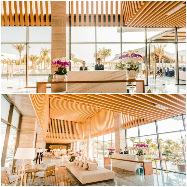 Không gian sảnh Rosa Alba Resort & Villas Tuy Hoa được thiết kế mở hoàn toàn hướng trọn view bên ngoài (nguồn: booking.com)