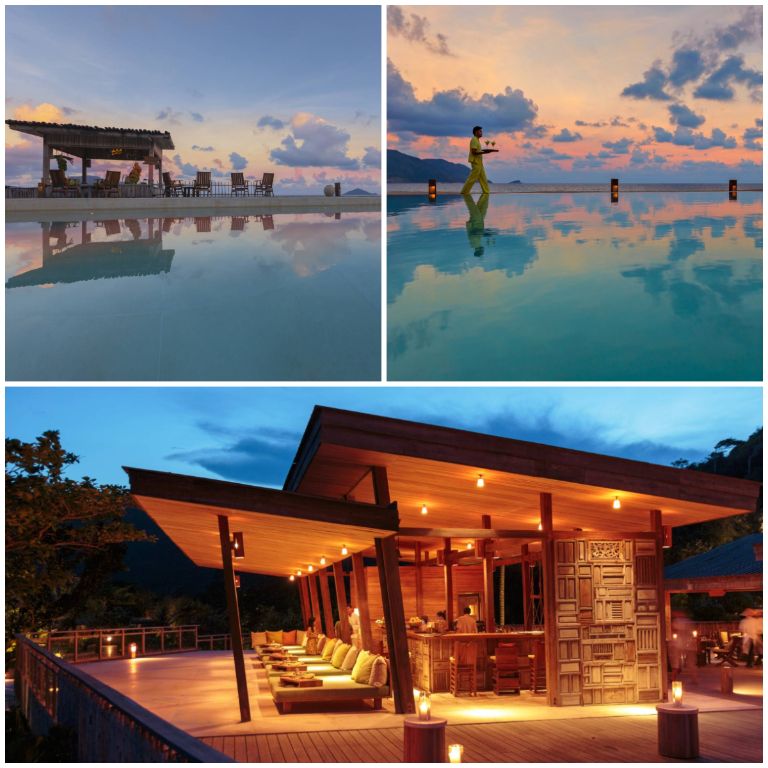Quầy bar của Resort Six Senses Côn Đảo được thiết kế dựa trên hình ảnh của những căn chòi nhỏ của người chài lưới, với chất liệu gỗ và không gian mở.