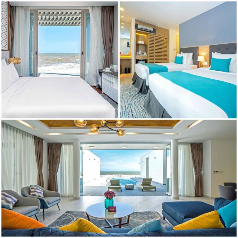 Phòng nghỉ Oceanami Villas & Beach Club mang tông màu xanh biển cả trẻ trung (nguồn: booking.com)