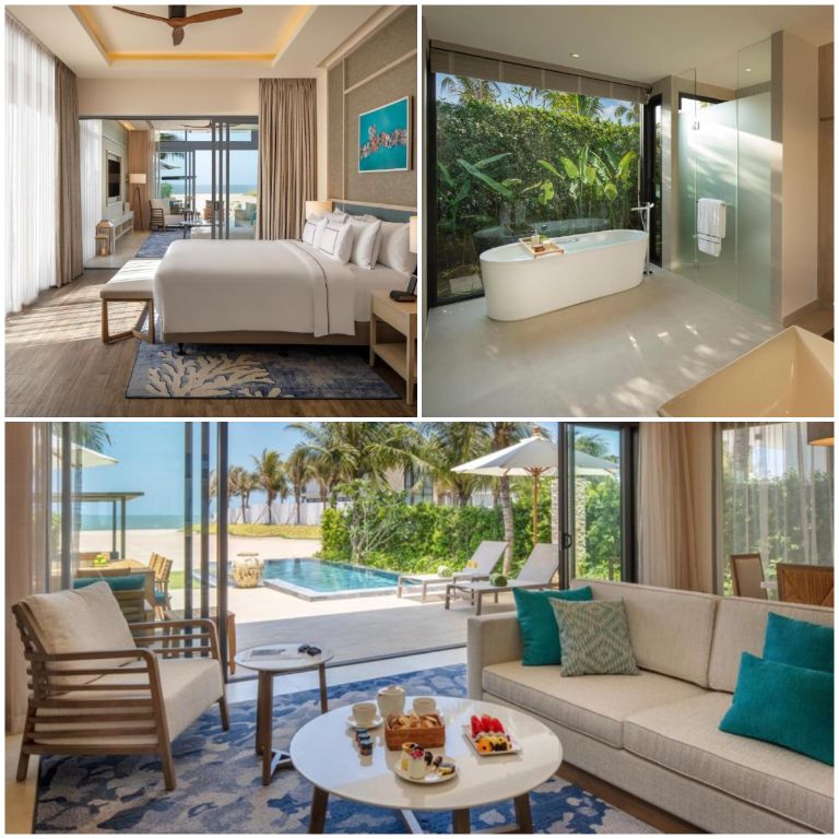 Phòng ốc tại Melia Ho Tram Beach Resort được thiết kế hiện đại với tông màu xanh be thu hút (nguồn: booking.com)