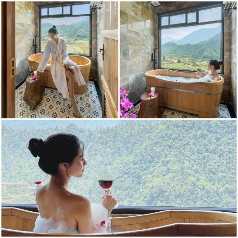 Phòng tắm riêng H'mong Valley View Villa 1 có bể spa view núi cực chill (nguồn: facebook.com)