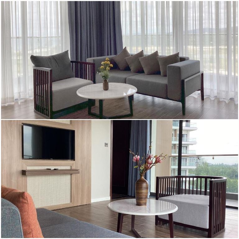 Suite Sea View sở hữu hai mặt tường kính mở ra tầm nhìn trực diện ra biển, có khu vực phòng khách cho khách hàng ngắm cảnh từ trong phòng. 