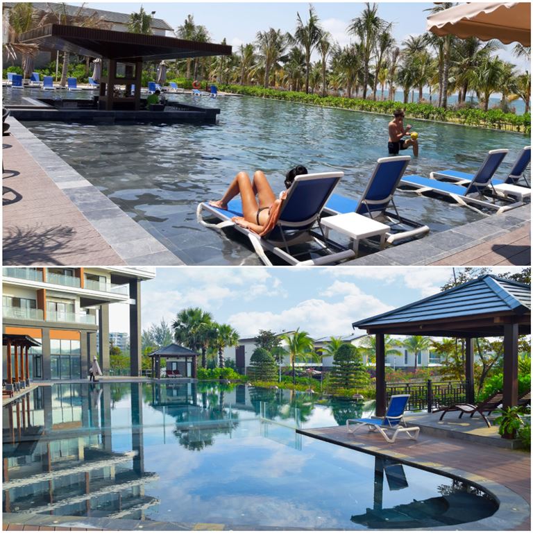 Sonaga Beach Resort Phú Quốc sở hữu bể bơi thiết kế đẹp mắt cho phép du khách bơi lội và thư giãn cả ngày. 