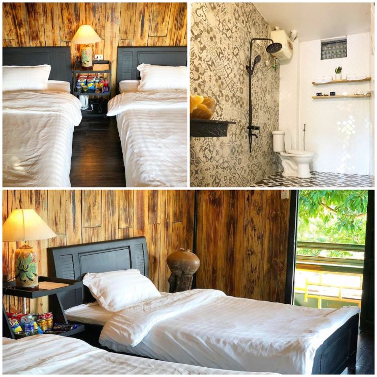 Mỗi căn phòng có diện tích khoảng 28 mét vuông tại Thênh Thang Homestay bao gồm 2 giường đơn nhỏ nhắn dành cho 2 người lớn.